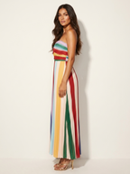 Women's Strapless Pleated Maxi Dress – Striped Flowy Formal Occasion Dress