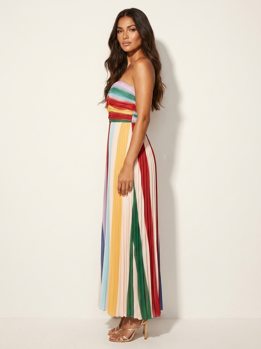 Women's Strapless Pleated Maxi Dress – Striped Flowy Formal Occasion Dress
