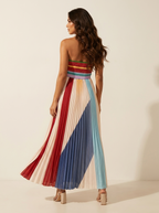 Women's Strapless Pleated Maxi Dress – Striped Flowy Formal Occasion Dress