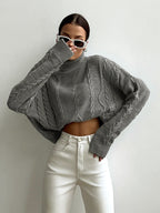 Women's Oversized Cropped Turtleneck – Ribbed High Neck Long Sleeve Sweater