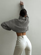 Women's Oversized Cropped Turtleneck – Ribbed High Neck Long Sleeve Sweater