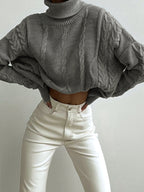 Women's Oversized Cropped Turtleneck – Ribbed High Neck Long Sleeve Sweater