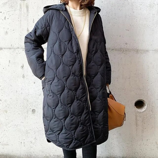 Women's Hooded Puffer Coat – Longline Quilted Winter Coat