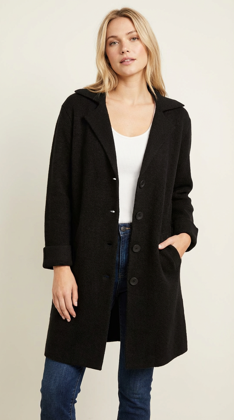 Women's Car Coat – Longline Lapel Button Coat