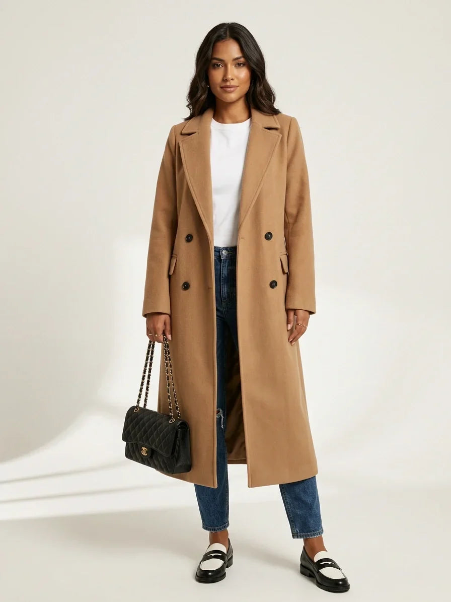 Women's Double-Breasted Overcoat – Longline Lapel Dress Coat