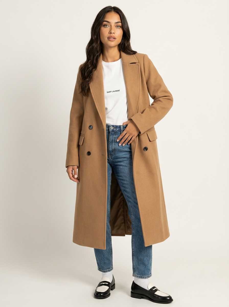 Women's Double-Breasted Overcoat – Longline Lapel Dress Coat
