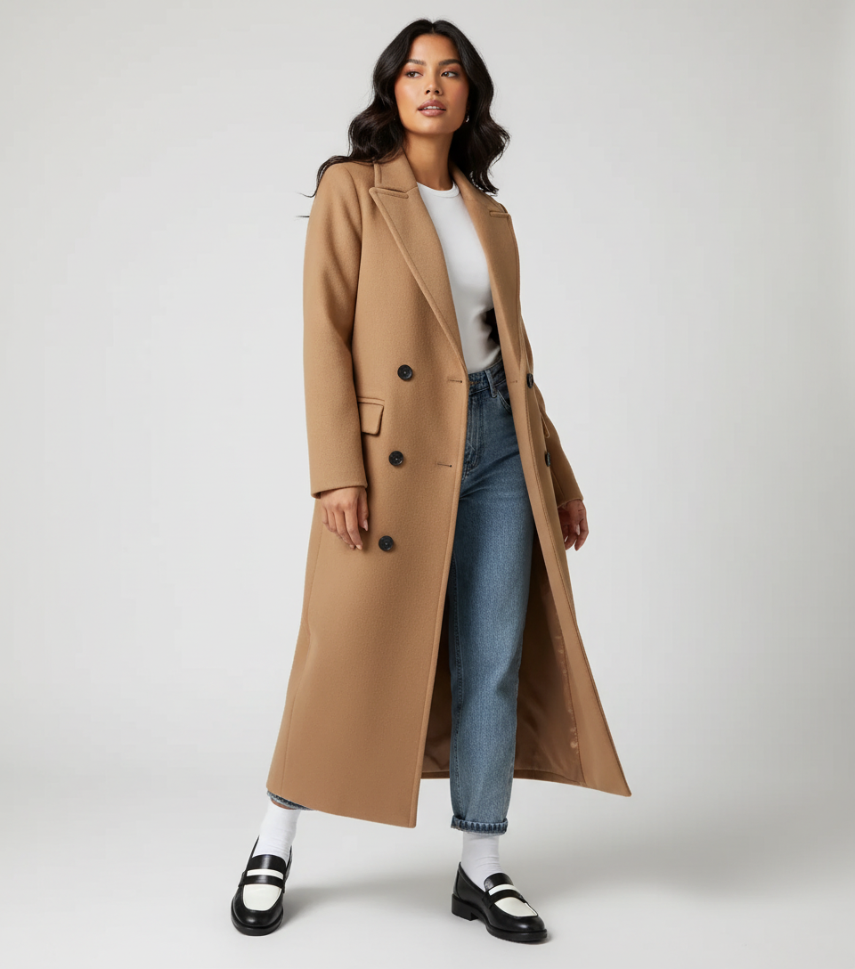 Women's Double-Breasted Overcoat – Longline Lapel Dress Coat