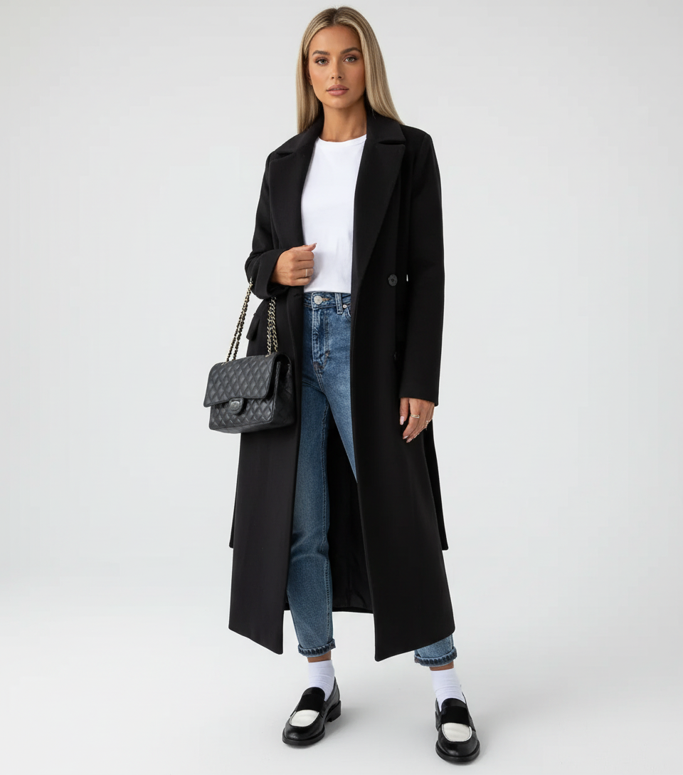 Women's Double-Breasted Overcoat – Longline Lapel Dress Coat