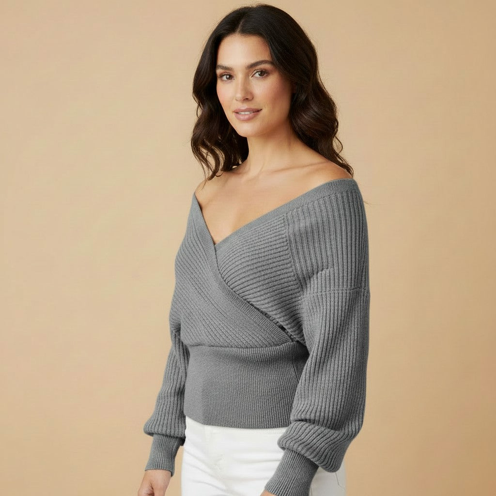 Women's Wide Neck Off-Shoulder Sweater – Relaxed Ribbed Long Sleeve Pullover