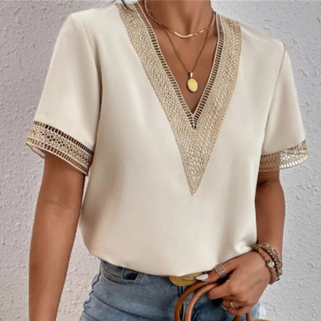 Women's Split Lace Blouse – V-Neck Long Sleeve Lace Panel Blouse