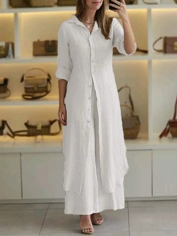 Women's Button-Up Blouse Set – Wide Leg Pants Set