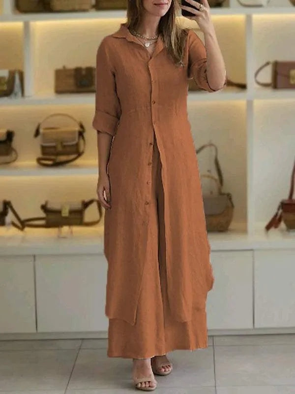 Women's Button-Up Blouse Set – Wide Leg Pants Set