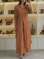 Women's Button-Up Blouse Set – Wide Leg Pants Set