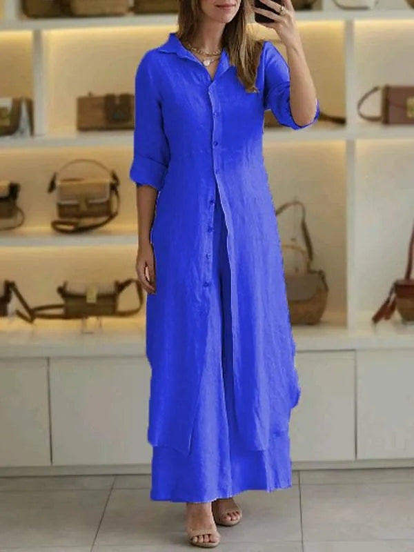 Women's Button-Up Blouse Set – Wide Leg Pants Set