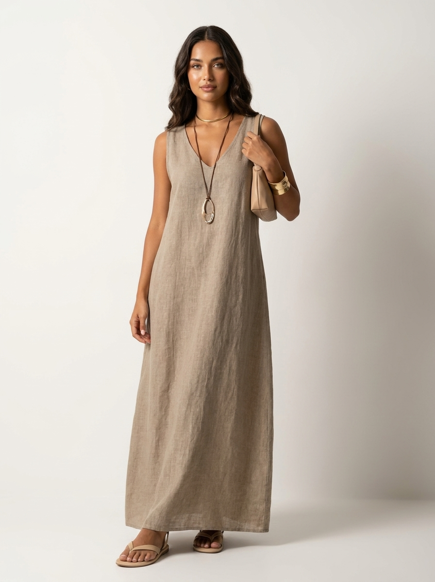 Women's Linen Look Maxi Dress – Sleeveless Summer Dress