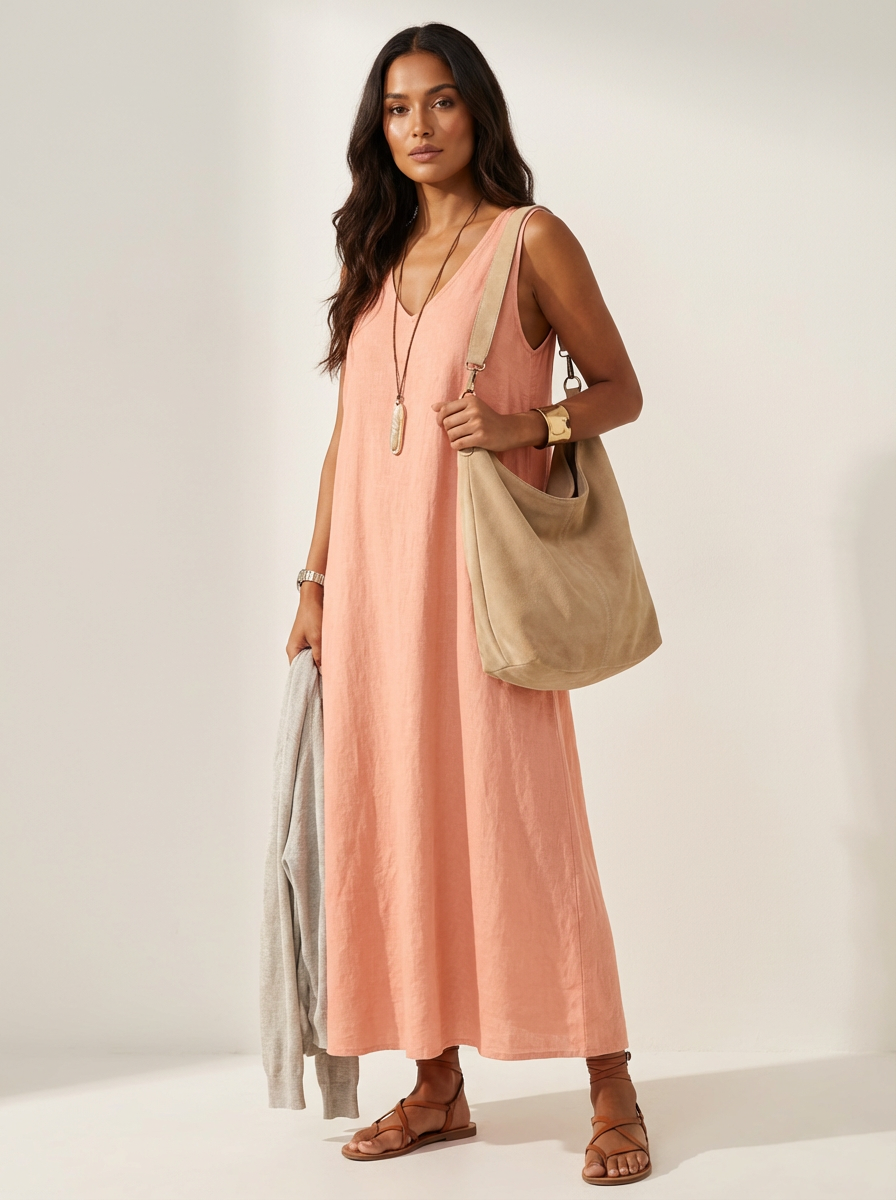 Women's Linen Look Maxi Dress – Sleeveless Summer Dress