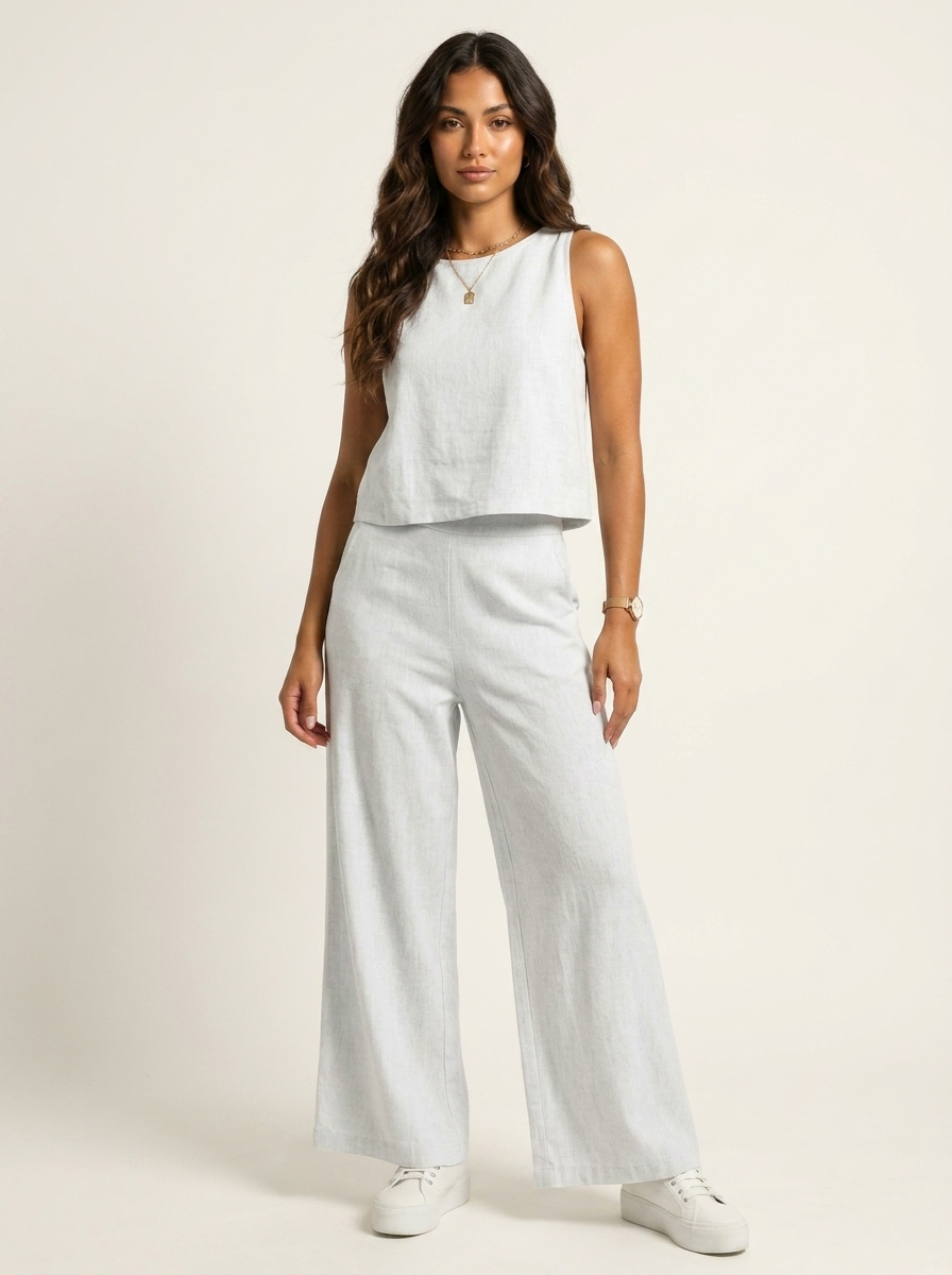 Women's Linen Look Set – Wide Leg Pants Set