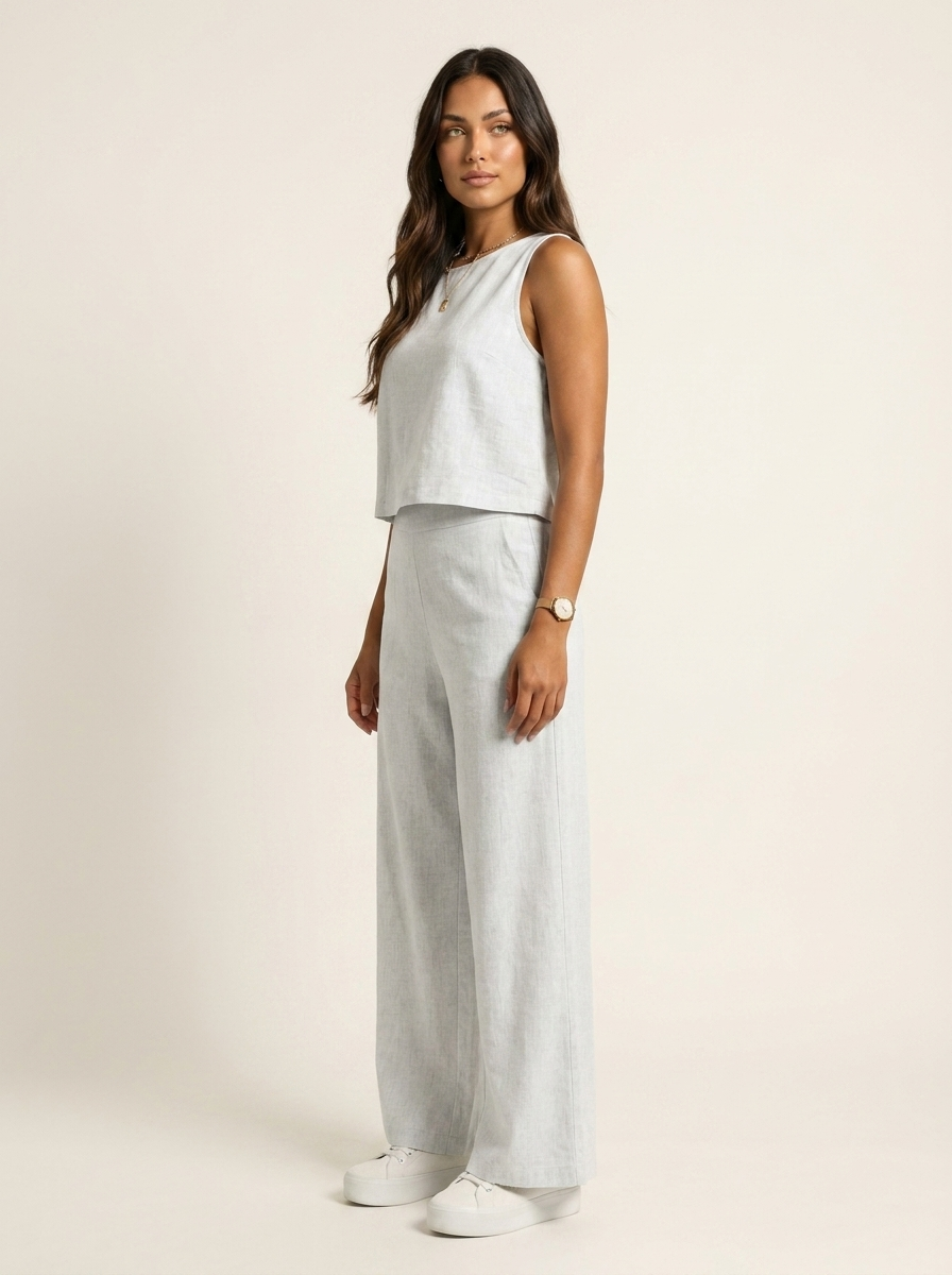 Women's Linen Look Set – Wide Leg Pants Set
