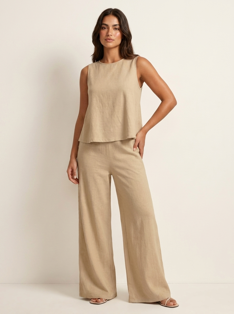 Women's Linen Look Set – Wide Leg Pants Set
