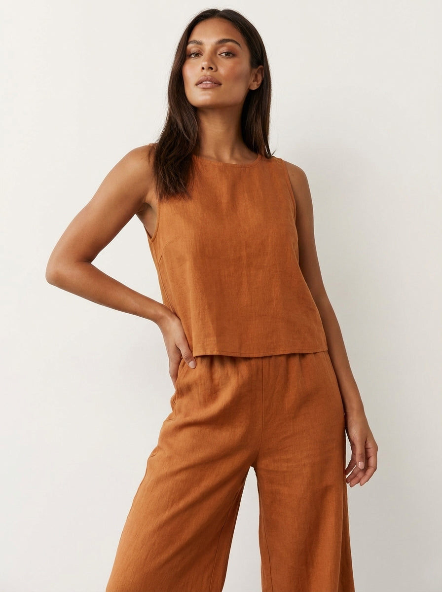 Women's Linen Look Set – Wide Leg Pants Set