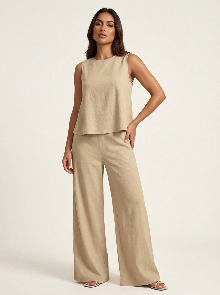 Women's Linen Look Set – Wide Leg Pants Set