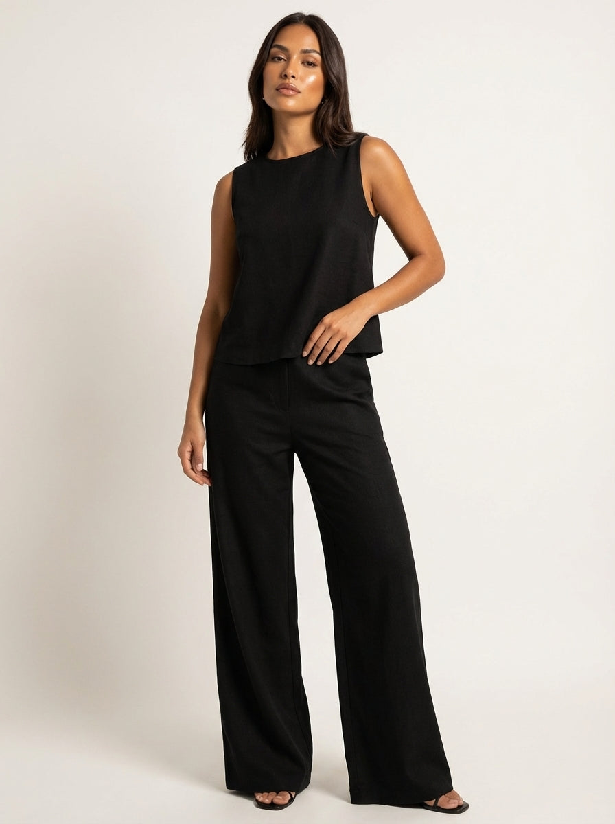 Women's Linen Look Set – Wide Leg Pants Set