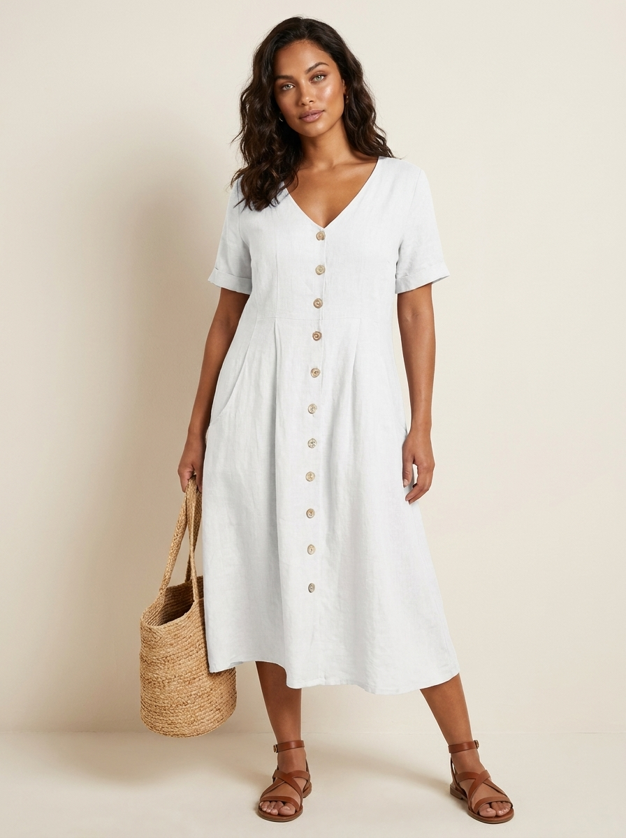 Women's Button-Up Midi Dress – V-Neck Summer Dress