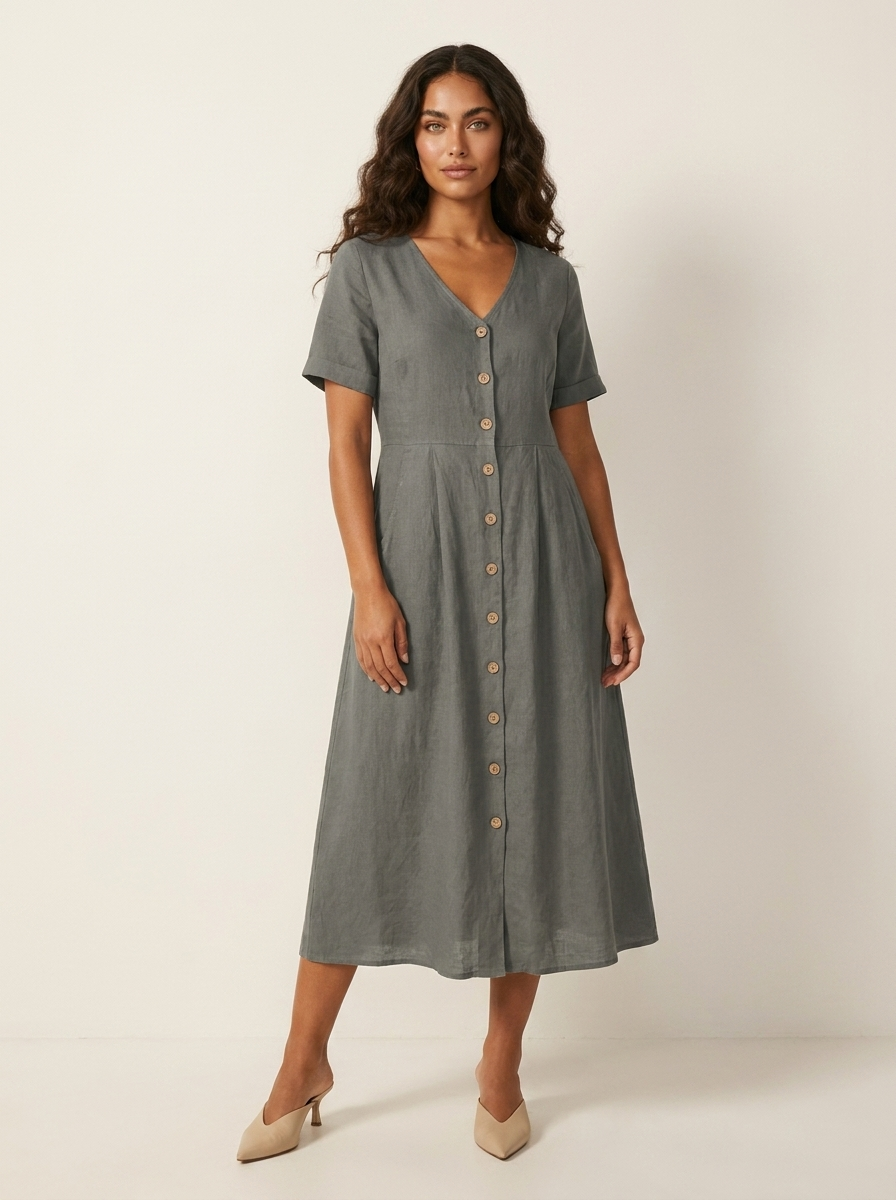 Women's Button-Up Midi Dress – V-Neck Summer Dress