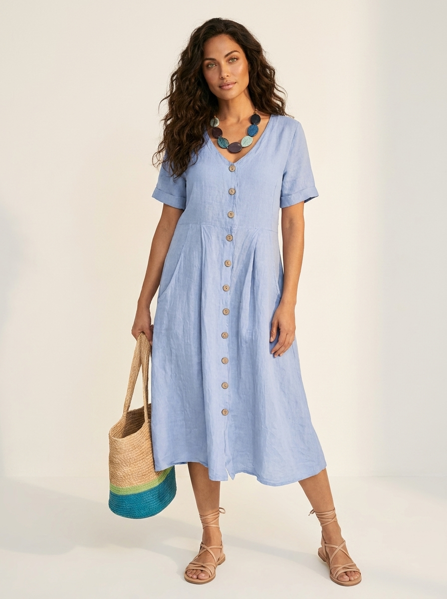 Women's Button-Up Midi Dress – V-Neck Summer Dress