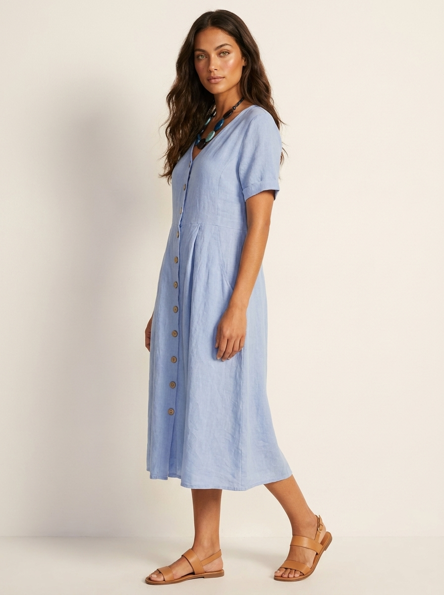 Women's Button-Up Midi Dress – V-Neck Summer Dress