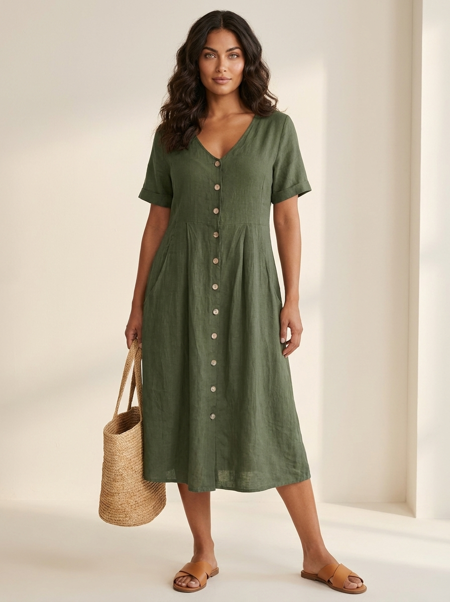 Women's Button-Up Midi Dress – V-Neck Summer Dress