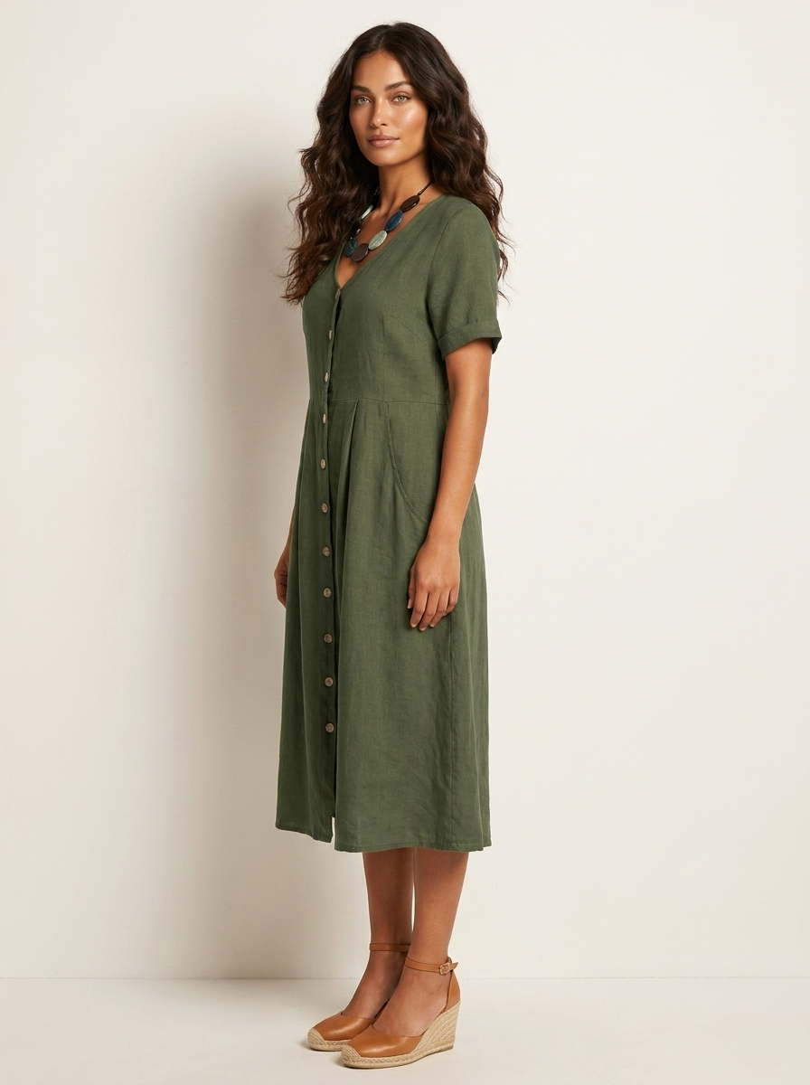 Women's Button-Up Midi Dress – V-Neck Summer Dress