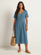 Women's Button-Up Midi Dress – V-Neck Summer Dress