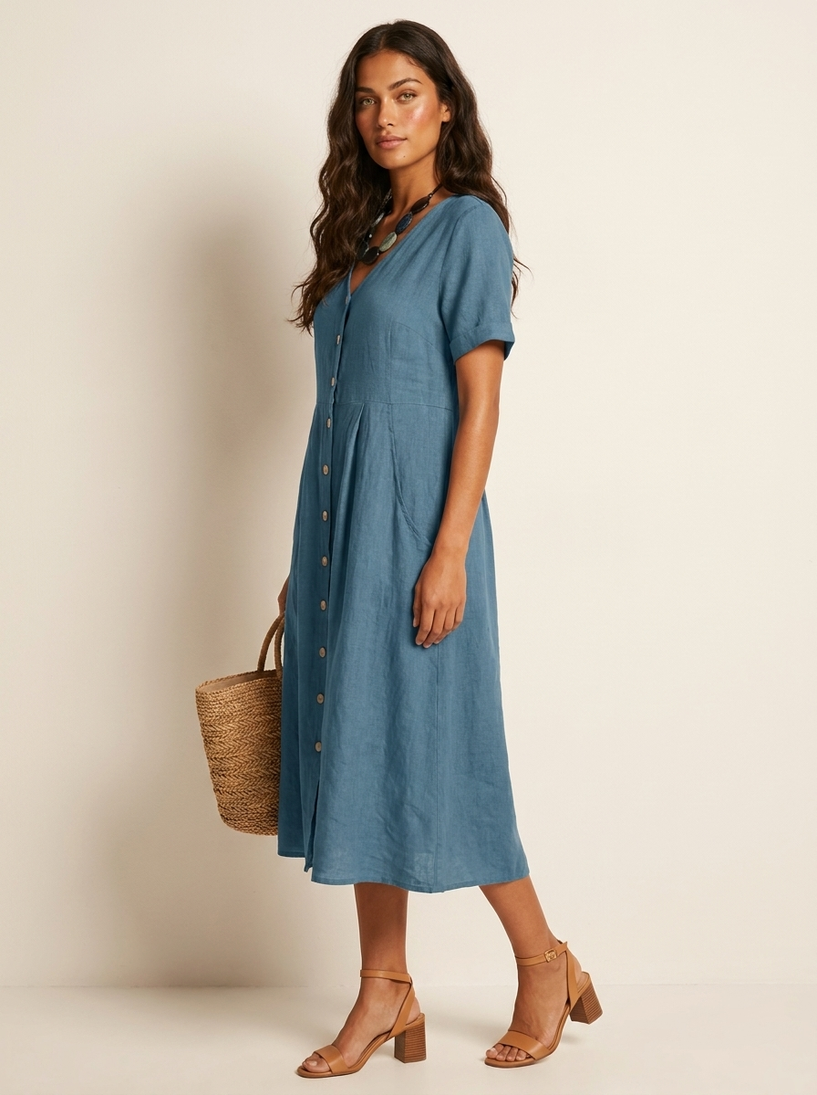 Women's Button-Up Midi Dress – V-Neck Summer Dress