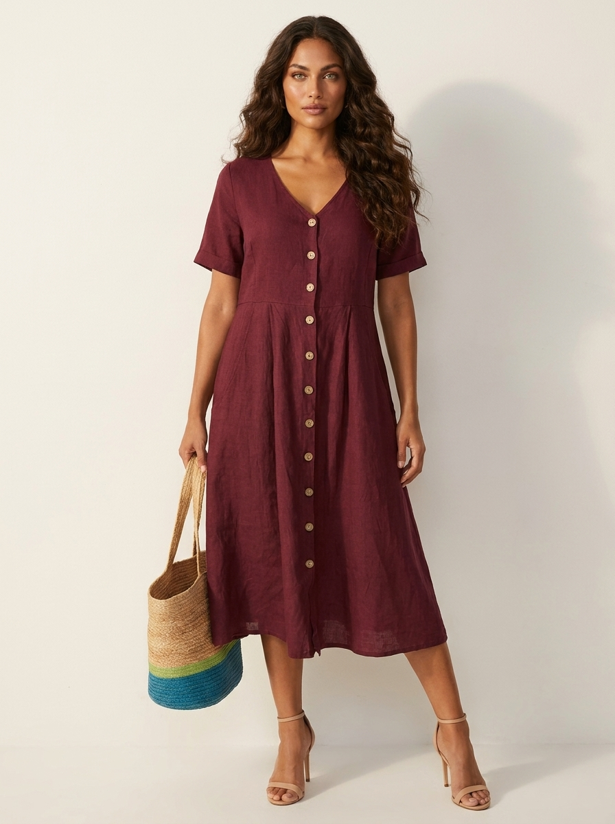 Women's Button-Up Midi Dress – V-Neck Summer Dress