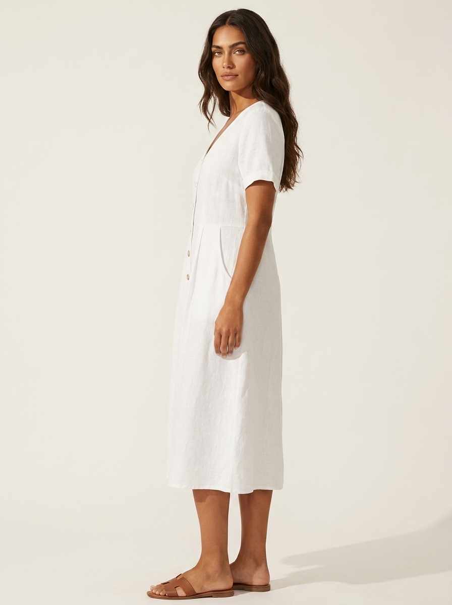 Women's Button-Up Midi Dress – V-Neck Summer Dress