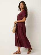 Women's Button-Up Midi Dress – V-Neck Summer Dress