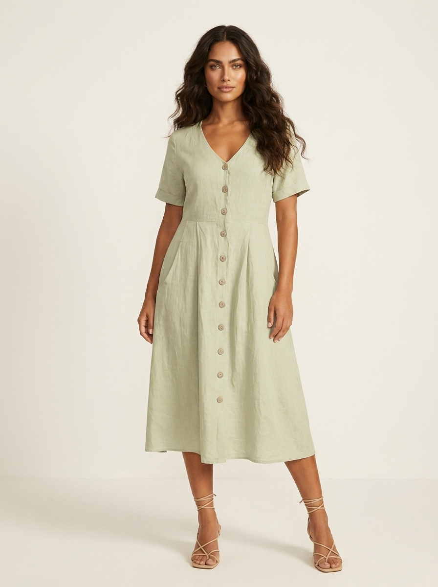 Women's Button-Up Midi Dress – V-Neck Summer Dress