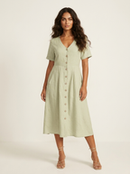 Women's Button-Up Midi Dress – V-Neck Summer Dress