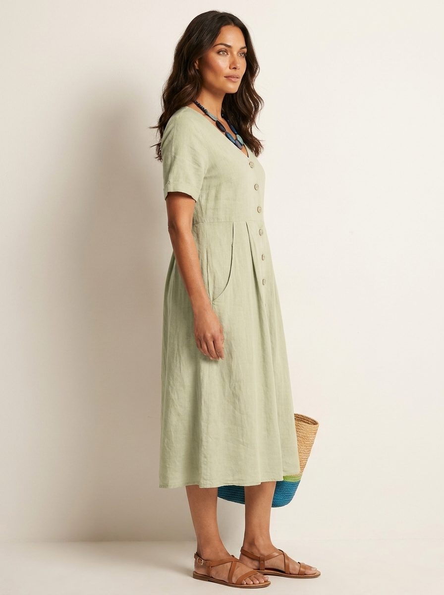 Women's Button-Up Midi Dress – V-Neck Summer Dress