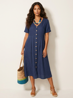 Women's Button-Up Midi Dress – V-Neck Summer Dress