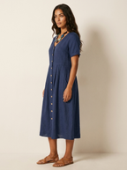 Women's Button-Up Midi Dress – V-Neck Summer Dress