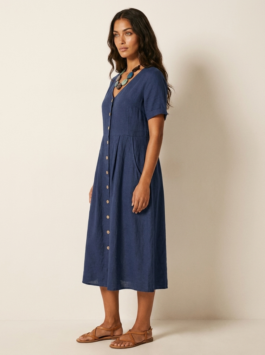 Women's Button-Up Midi Dress – V-Neck Summer Dress