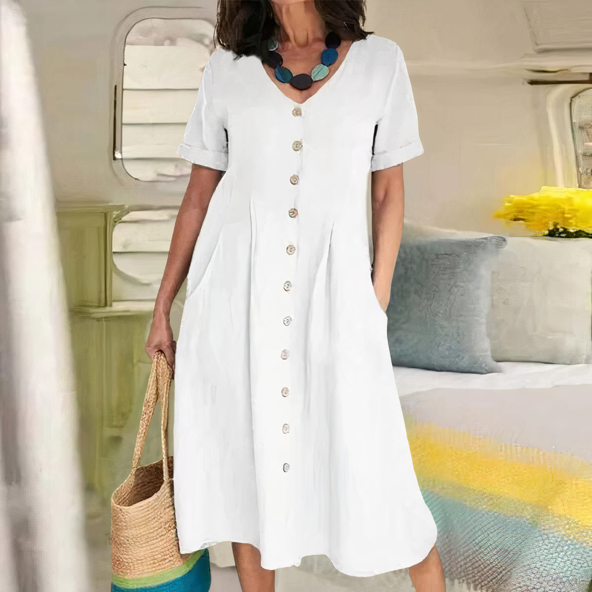 Women's Button-Up Midi Dress – V-Neck Summer Dress