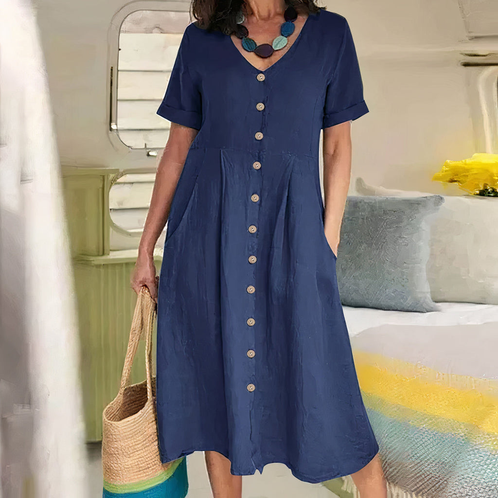 Women's Button-Up Midi Dress – V-Neck Summer Dress