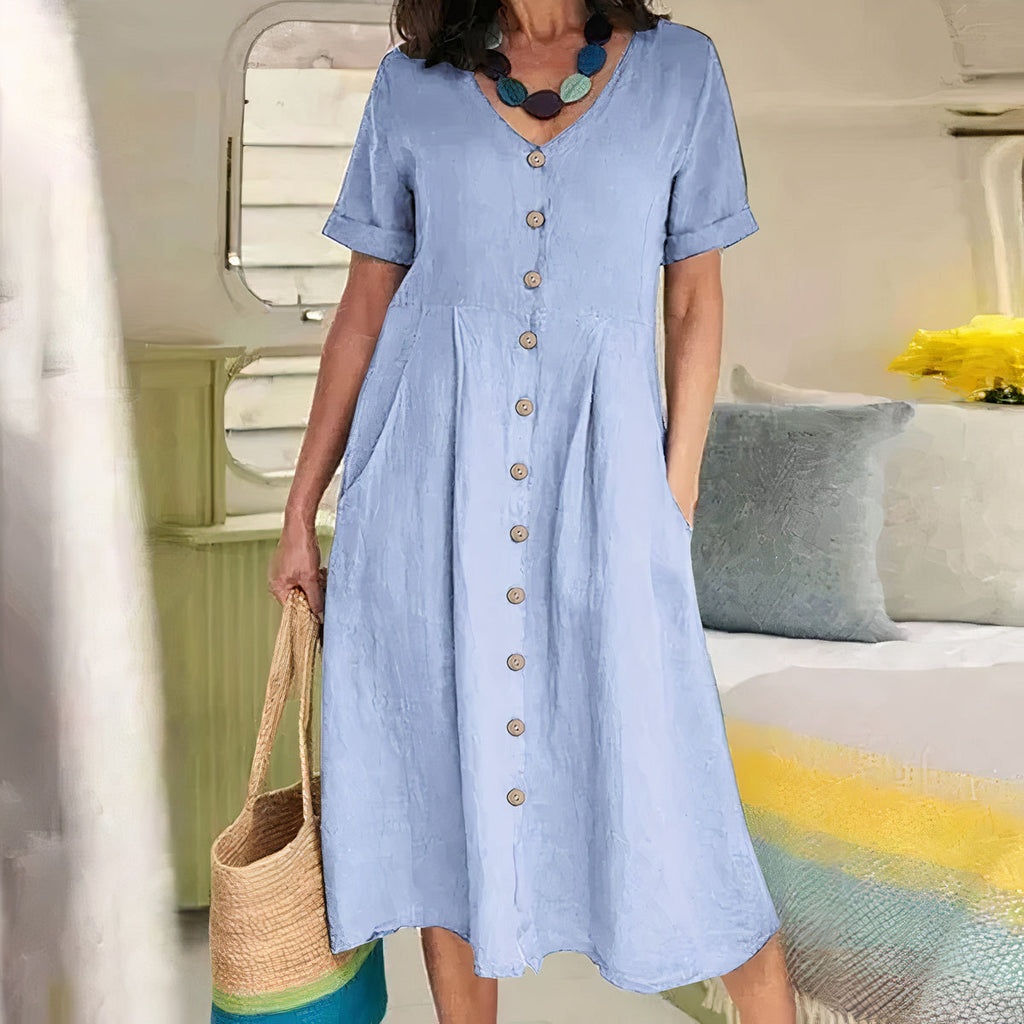 Women's Button-Up Midi Dress – V-Neck Summer Dress