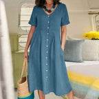 Women's Button-Up Midi Dress – V-Neck Summer Dress