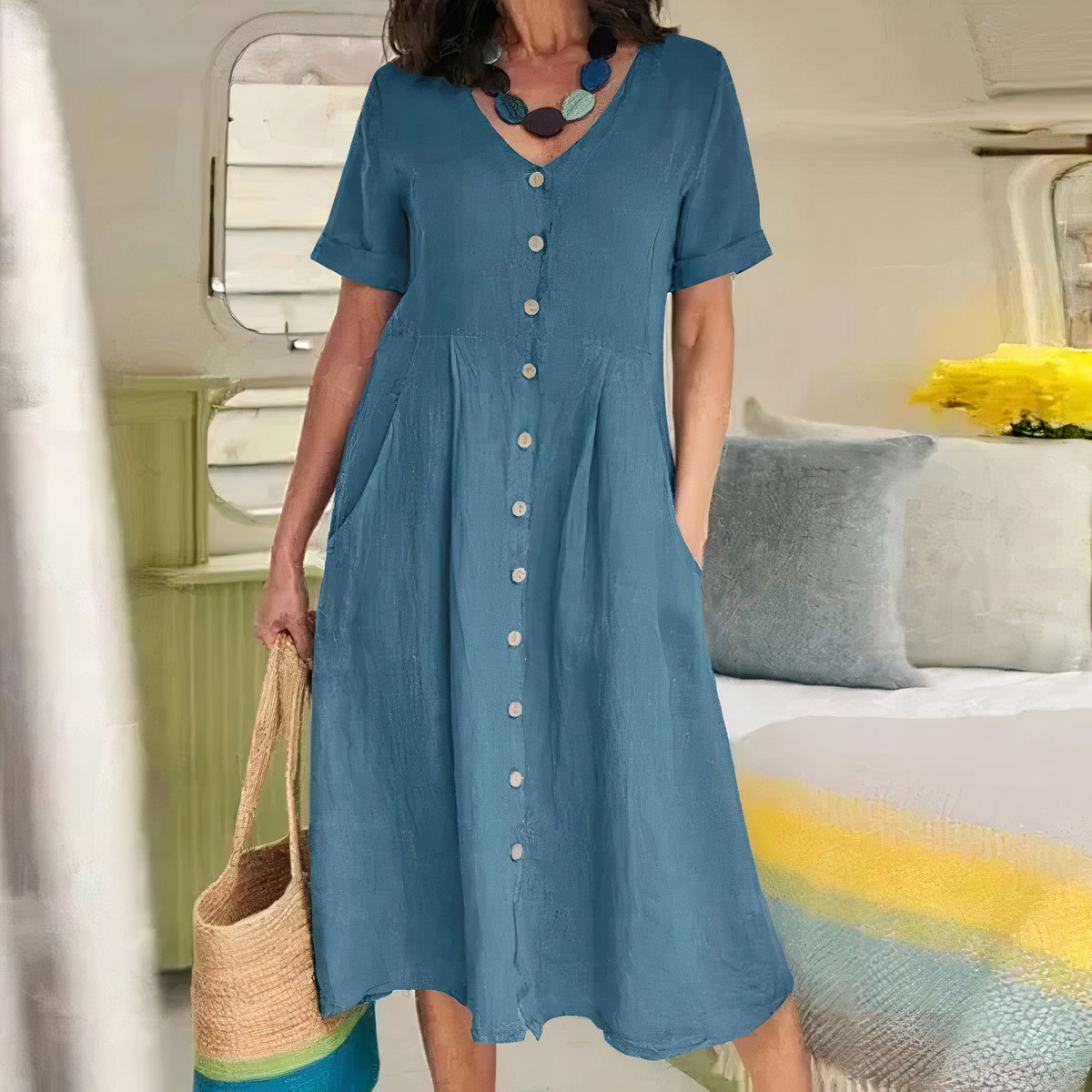 Women's Button-Up Midi Dress – V-Neck Summer Dress