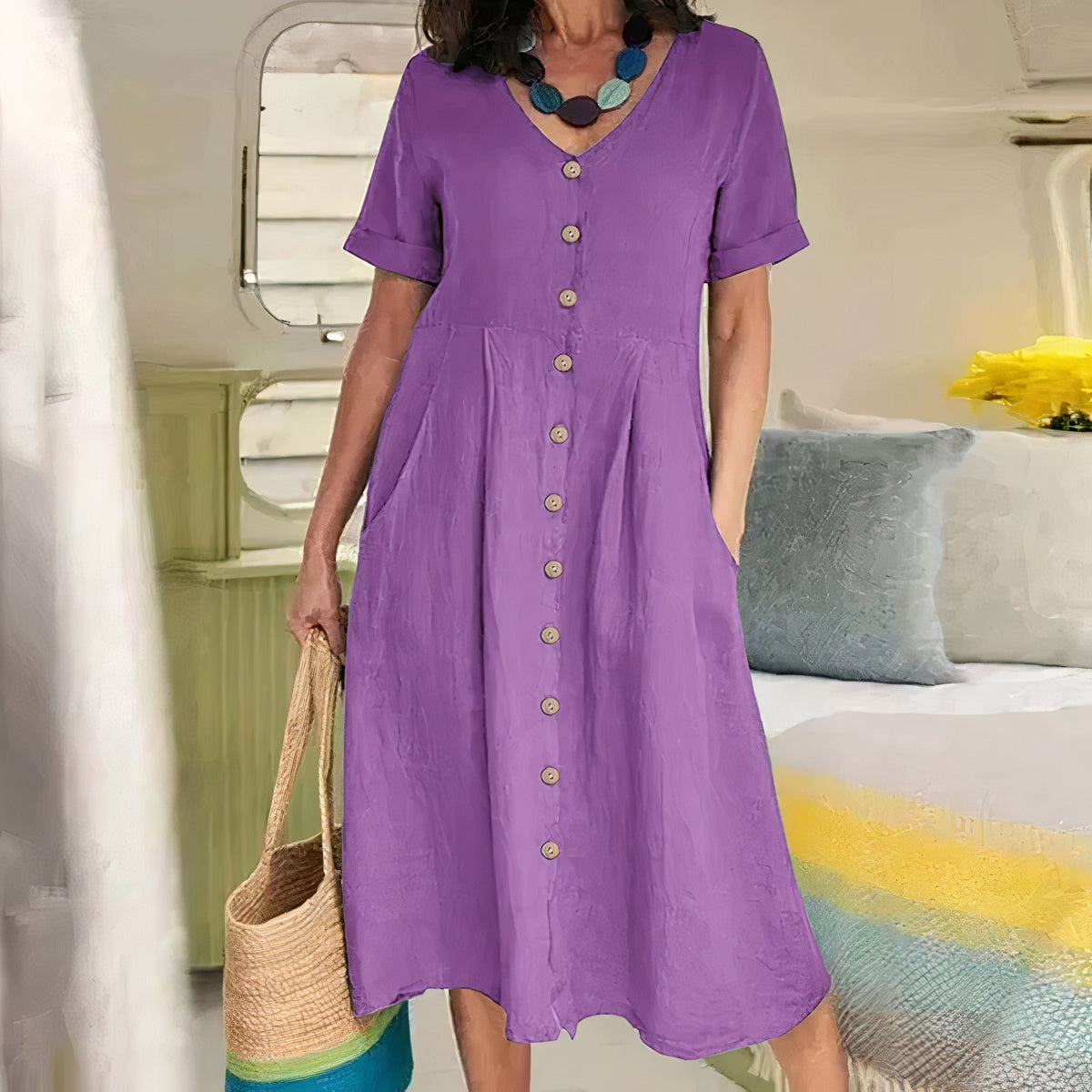 Women's Button-Up Midi Dress – V-Neck Summer Dress