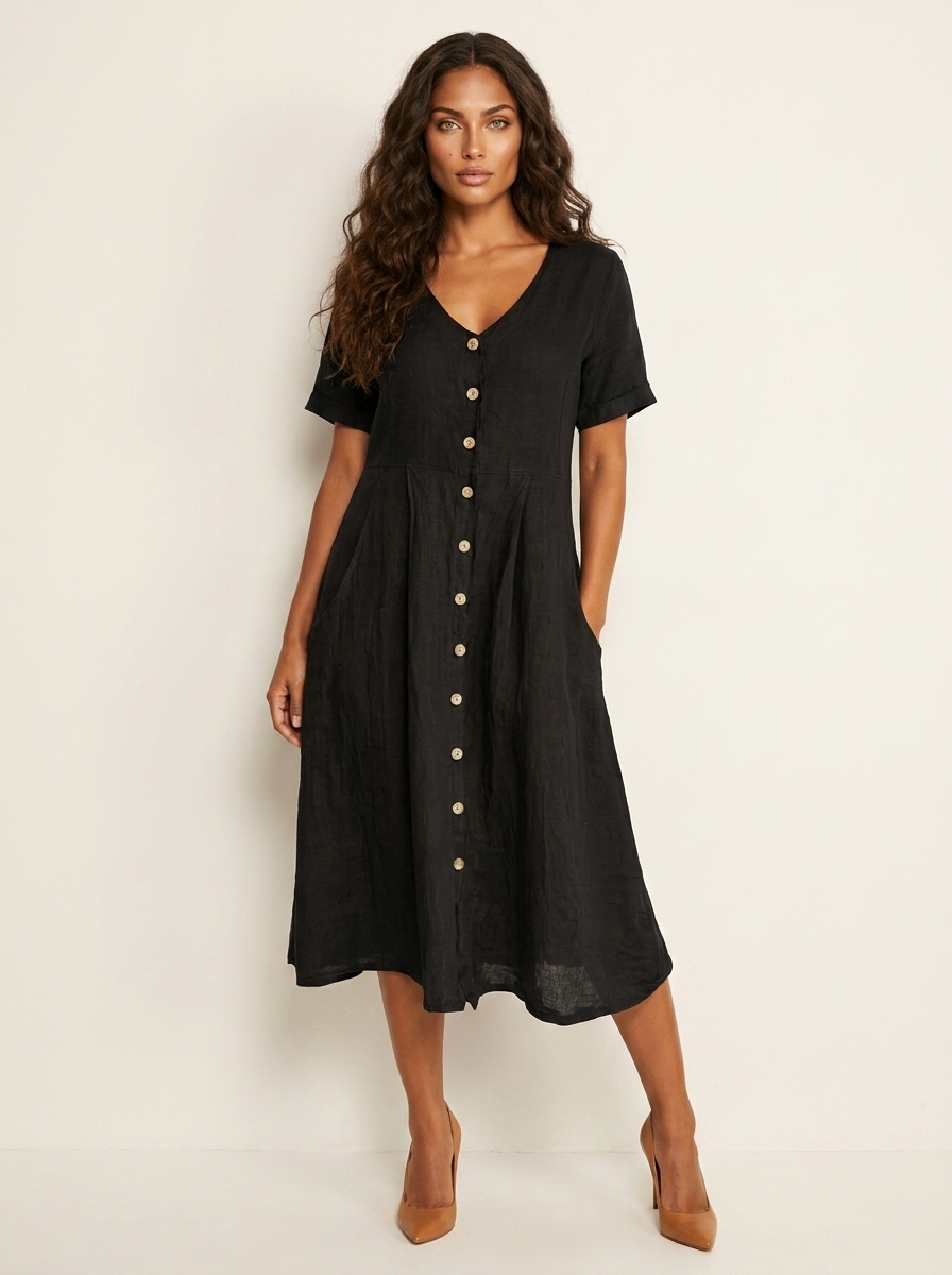 Women's Button-Up Midi Dress – V-Neck Summer Dress